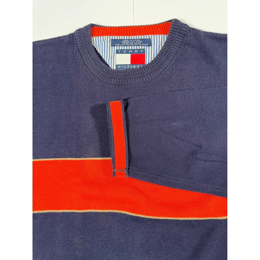 Tommy Hilfiger Mens Navy Blue Red Stripe Cotton Crewneck Sweater XL